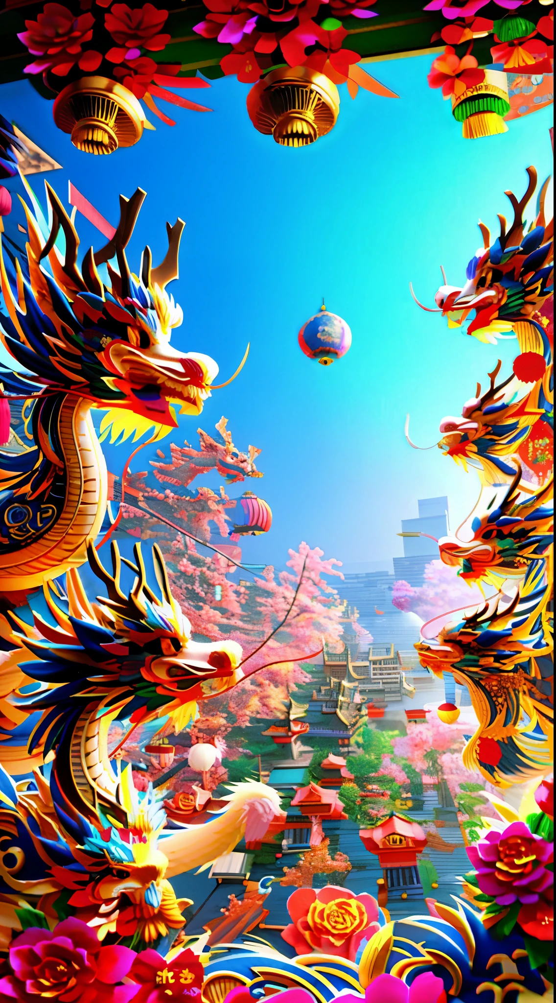 Paper-cut art,architecture,masterpiece,high quality,Super detailed,Super exquisite,8k,Chinese dragon concept art,Lunar New Year&#39;s eve,Traditional Chinese cultural elements,global illumination,Stunning art style，Happy new year，The picture is festive，global illumination，Beautiful digital artwork，Lunar New Year&#39;s eve文字