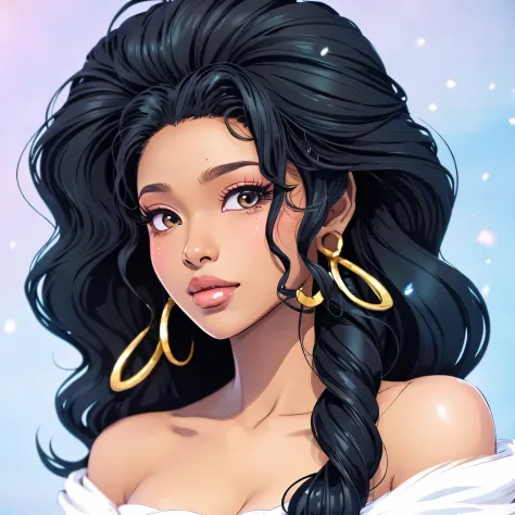 Create a beautiful black anime woman with long curls in her hair and with a ethereal white dress (detailed)