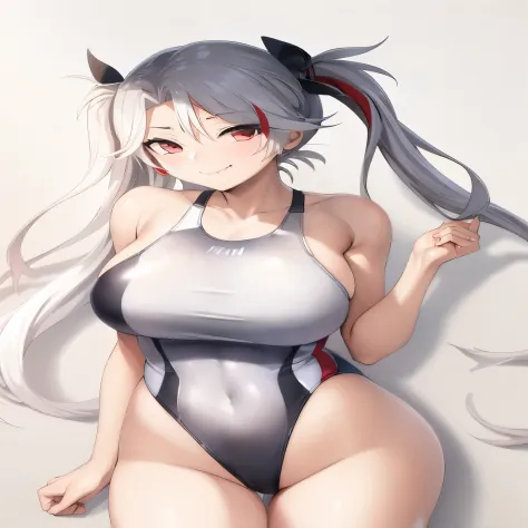 anime girl with long white hair and a black and white swimsuit, silver hair (ponytail), seductive anime girl, tifa lockhart with white hair, smooth anime cg art, [ 4 k digital art ]!!, is wearing a swimsuit, biomechanical oppai, extremely detailed artgerm,