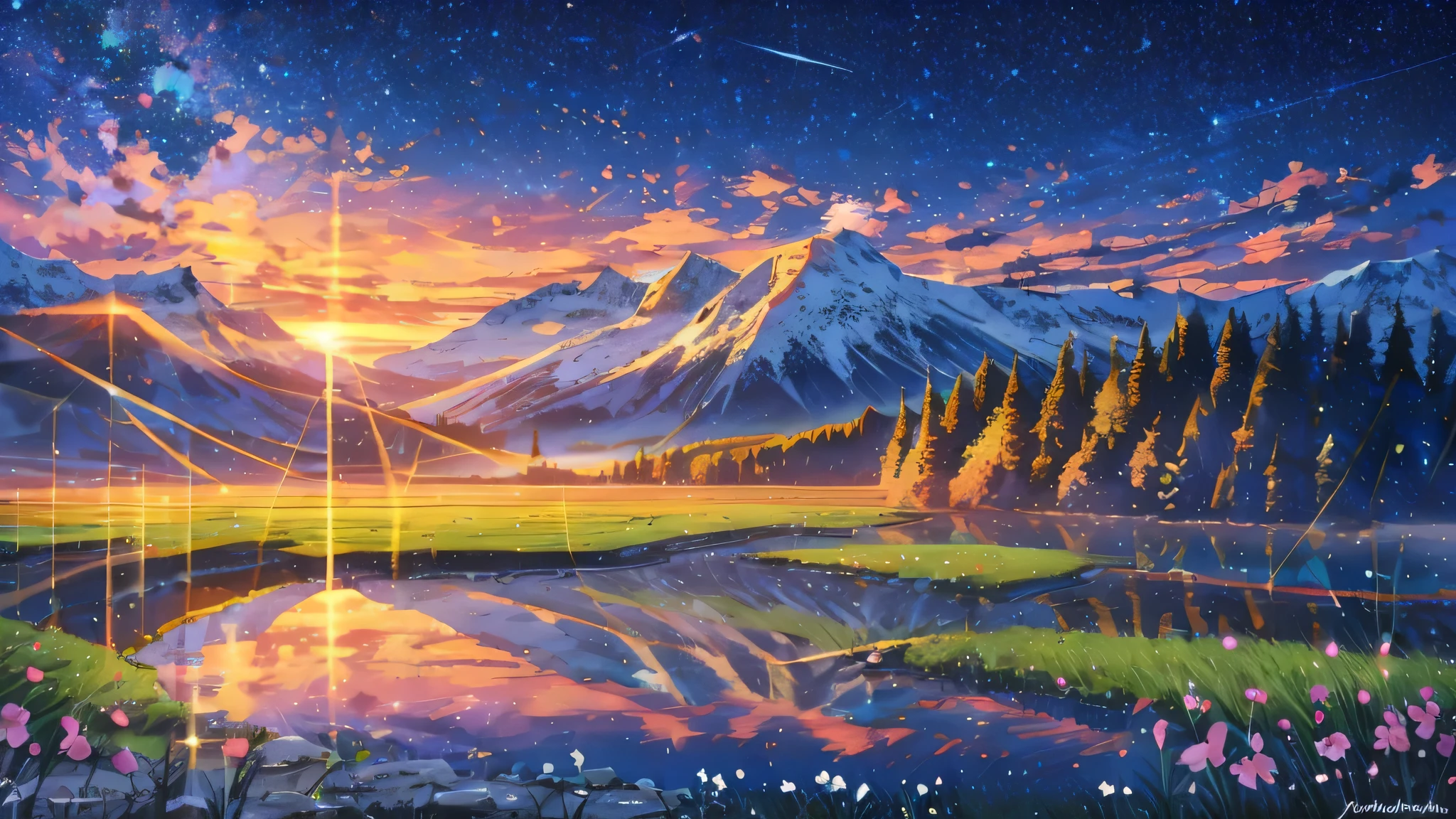 HD poster，Type of scenery，natural beauty，landscape painting，sunrise and sunset，beach，Forest steppe，Snowy mountain glaciers，Lakes and rivers，Flower Sea Pastoral，ancient building，city scenery，Starry night view，shrouded in mist，Seasonal changes，Fresh and peaceful，Spectacular，bright colors，Art style，HD 8K，Reality，令人惊叹的Art style