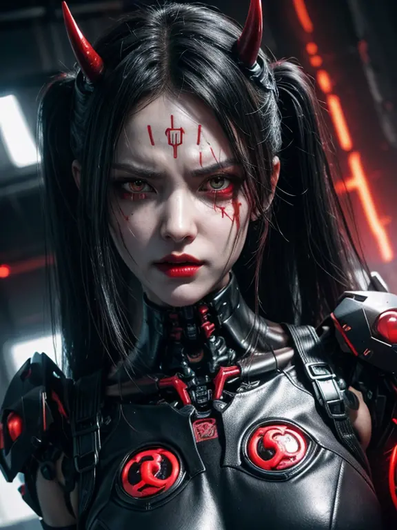Extreme close up, Portrait of a cyberpunk machine, Demon Girl, cyborg with an angry expression, said:“The devil can get you thro...
