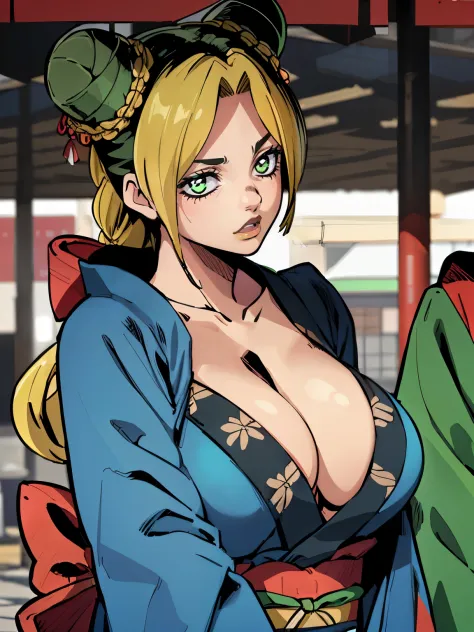 Chica de ojos grandes, ((kimono)), big breasts, (2d line:1.3), jolyne  ((alone)) ((only)) ((neckline)) sexy 