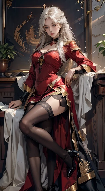 ((masterpiece, best quality)), Detailed face, character design sheet，Full body female love, full of details, Various poses and expressions, Very detailed, depth, Many parts，beautiful girl，light，Glowing light，Red and gold，Phoenix decoration，gauze，lace，lace up pantyhose，High heel
