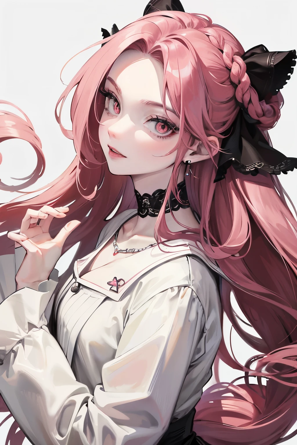 masterpiece, ultra detailed, beautiful, exquisite, female, glad, happy, hopeful, proud, intelligent, smiling, neutral, serious look, looking at viewer, looking ahead, front view, long hair, braids, french braids, wave hair, center part, long hair, braid, half updo, wavy hair, black hair, blonde, pink hair, red hair, colored inner hair, pink eyes, red eyes, eyes open, big eyes, wide-eyed, pale skin, fair skin, shiny skin, detailed skin, detailed face, pale skin, slim, slender, curvy, hair ribbon, piercing, earrings, necklace, 20-year-old, young adult, adult, white background, gray background, flat background, cute, beautiful, dark fantasy, light atmosphere, anime, main artwork, concept art, soft-edged, closeup shot, headshot, macro shot, from front, front view, highly saturated colors