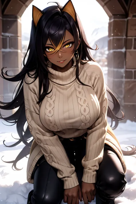 masterpiece,best quality,studio lighting,dehya, (dark skin),seductive pose, glowing eyes, (yellow eyes),perfect face, perfect hands, detailed lips, detailed nose, detailed eyes, (huge breasts), cat ears,confident smile,warm clothes,(((sweater))),pants,boot...