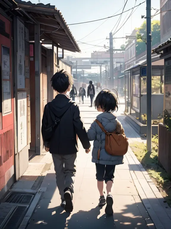 （a boy）（a girl）The boy looks at walking towards the station