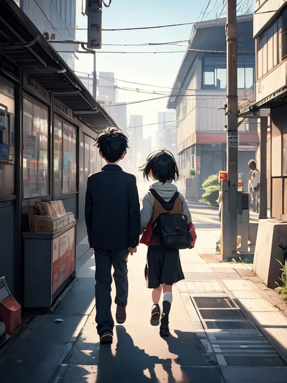 （a boy）（a girl）The boy looks at walking towards the station