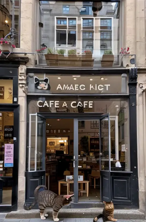 amazing cat-themed cafe in the heart of the city，there are hurried pedestrians outside the store，people in the store，drinking co...