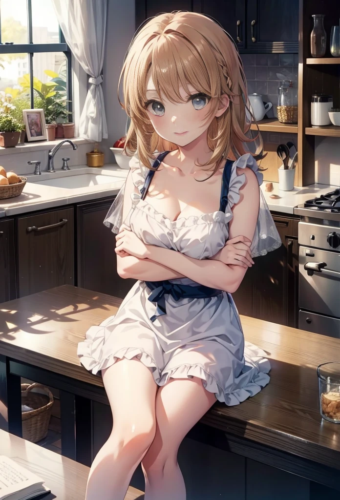 table top, high quality, 最high quality, High resolution, 4K, High resolution, 美しいillumination,highly detailed face, well drawn hand, beautifully drawn legs,well drawn feet,well drawn eyes,1 girl, Iroha, brown hair, long haired person，naked apron，Cross your arms to create cleavage，barefoot、kitchen，blush,smile,illumination(bright)