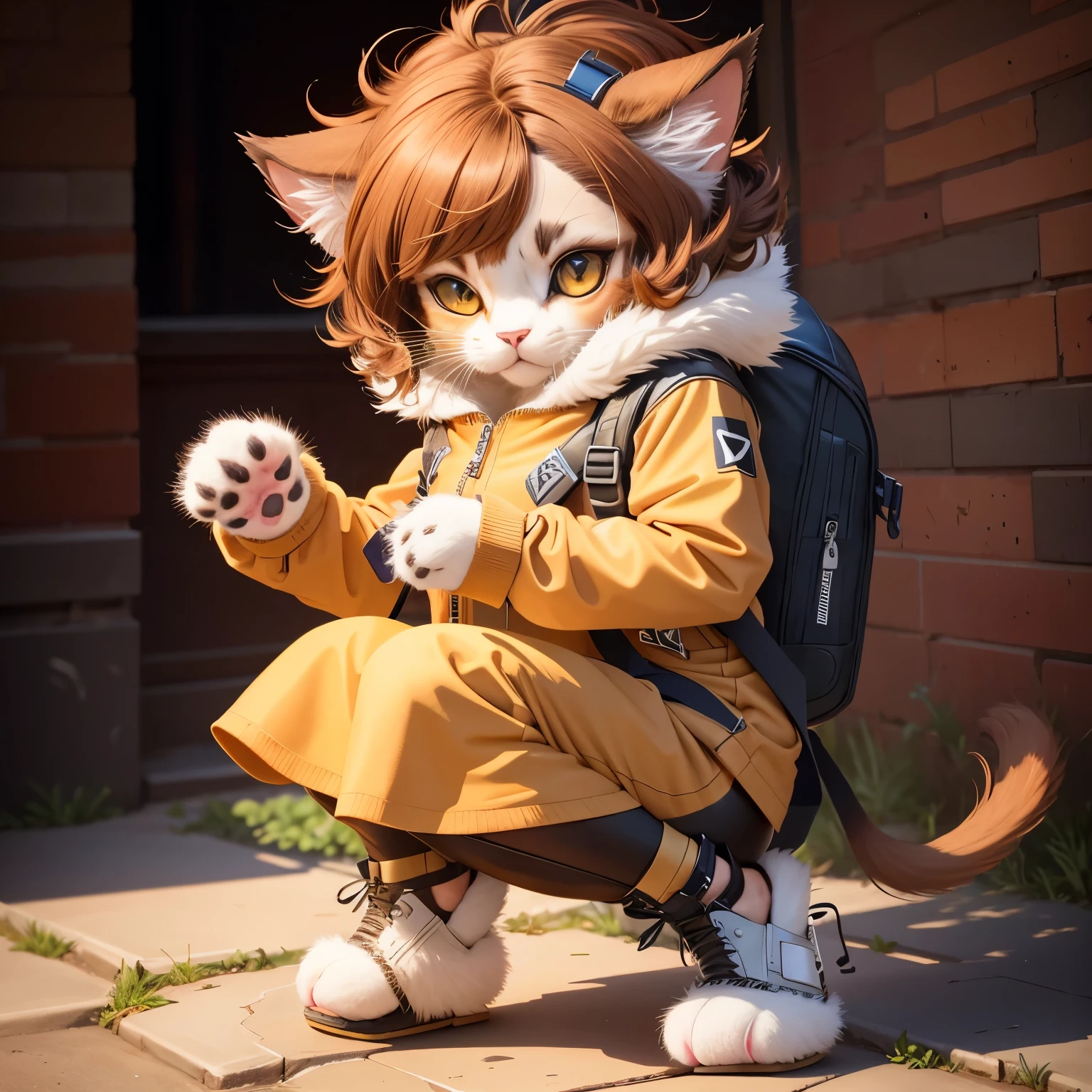 Gato anime con una mochila y una pata en sus patas - SeaArt AI