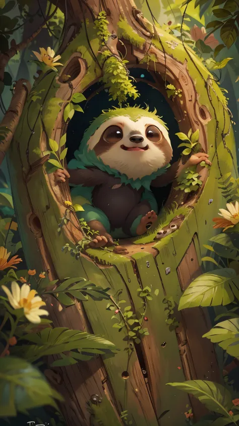 Front view of a cute sloth jumping out of a tree hole，It opens its mouth，close up, Pixar style, best quality, stills, very cute,...