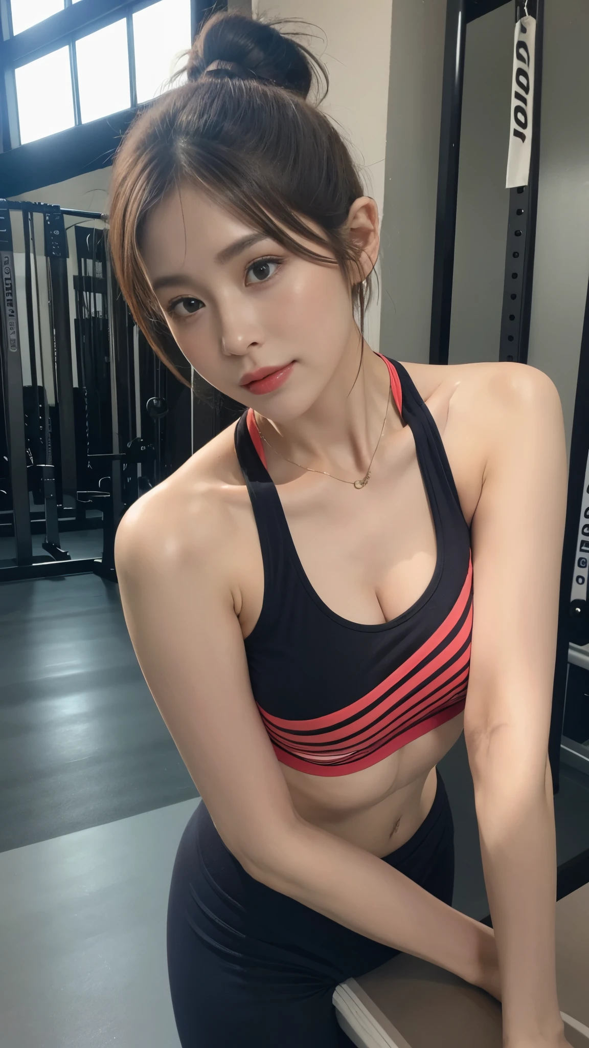 Highly detailed CG Unity 8k wallpaper, of the highest quality, masutepiece, Realistic, photographrealistic, Highly detailed beautiful woman, 42 year old,((Bery short hair))、(((Large breasts)))、cleavage , (get sweaty) , Round eyes, ((You can see the shape of the nipple through the clothes))、Realistic female hands、viewer, blush, Smile, ((Tall pretty woman))、Parted lips, full body photographed , Tank top , Lewd sportswear ,((Muscle training))、 squatt, (((Thin sportswear)))、sports gym、erect through、Muchimuchi