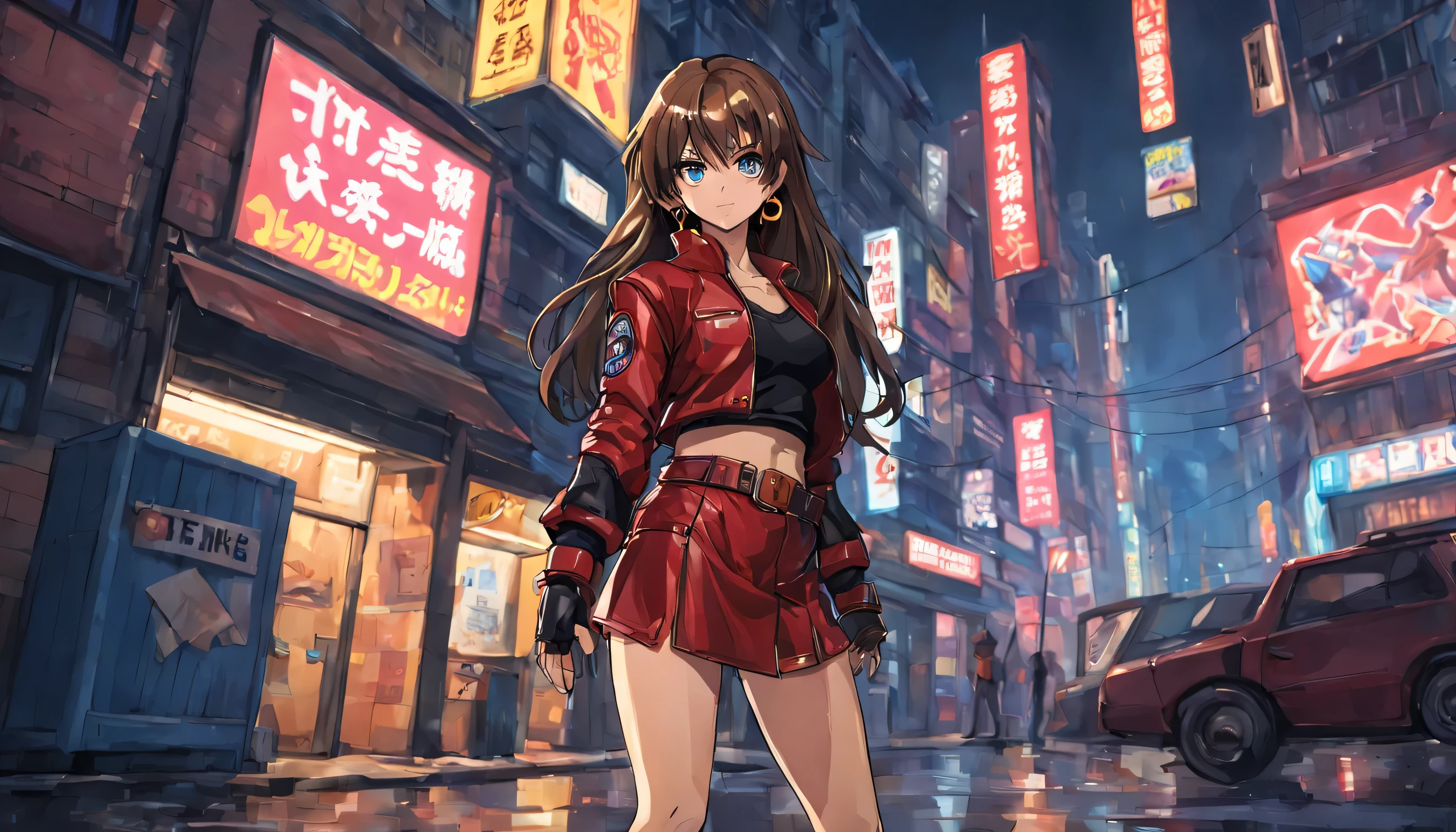 Estilo anime 2D, Mujer con cabello largo y castaño, ojos azules, vestido de rojo, minifalda roja, cinturón colgado de las caderas, chaqueta de cuero negro con las mangas remangadas hasta los codos, guante de entrenamiento de artes marciales en las manos, botas de cuero rojas, Pendientes de aro de oro, personaje muy parecido a Blaze del juego Sega Genesis "Calles de furia", ella está junto a un coche de policía en una gran ciudad de noche, hay anuncios y letreros de neón, acaba de llover en la zona