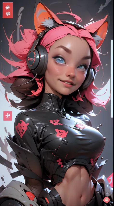 (Best quality), (masterpiece), (realistic) and ultra-Detailed photo of cute girl in futuristic neon headphones with plastic fox ...