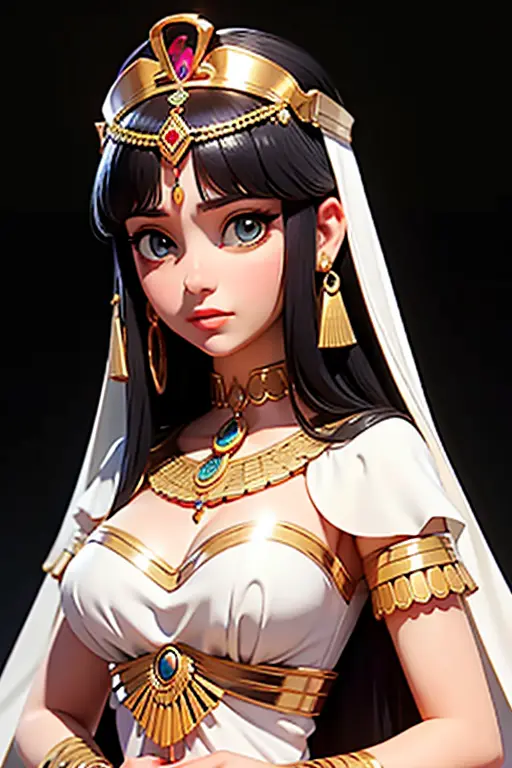 cleopatra, reina de egipto, princesa, realeza, vestido blanco corto, jeweler&#39;s, esculturas egipcias.