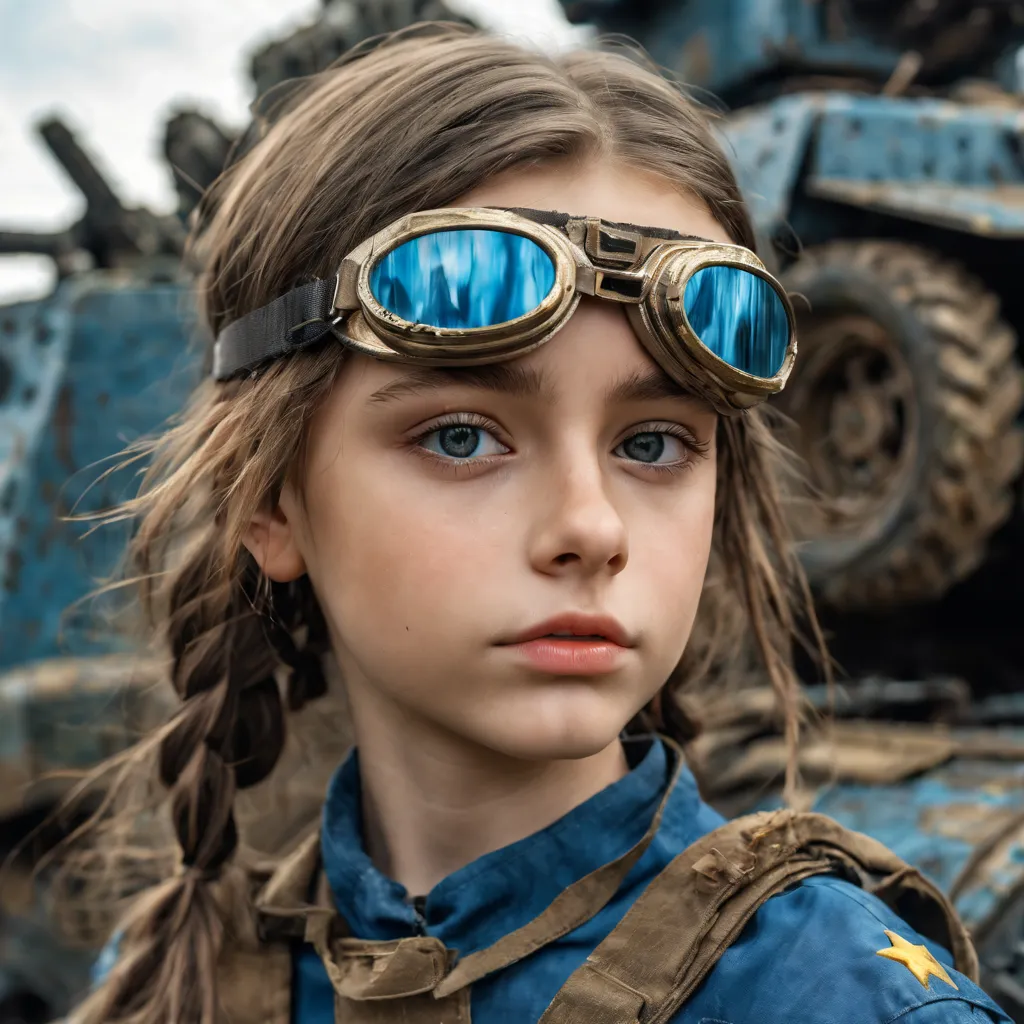 3 girls, 11 years old perfect likeness of dasha teran sdxl wearing blue and gold vaultgirl. goggles on one girl, clothing torn, ...