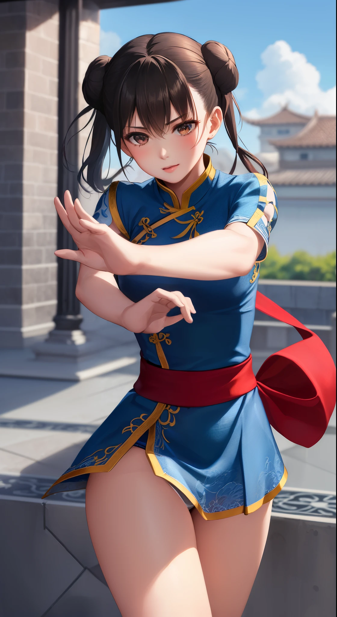 Paichang, Blue ribbon ponytail, brown eyes, double bun,bright hair,Kungfu pose standing, alone , ,  combat readiness, 
Paiati,White Mini Cheongsam, band, mini skirt、white panties、, sleeve less,
marble floor, blue sky, cloudy, evening,
(Extremely detailed, beautiful detailed face, masterpiece, highest quality)    