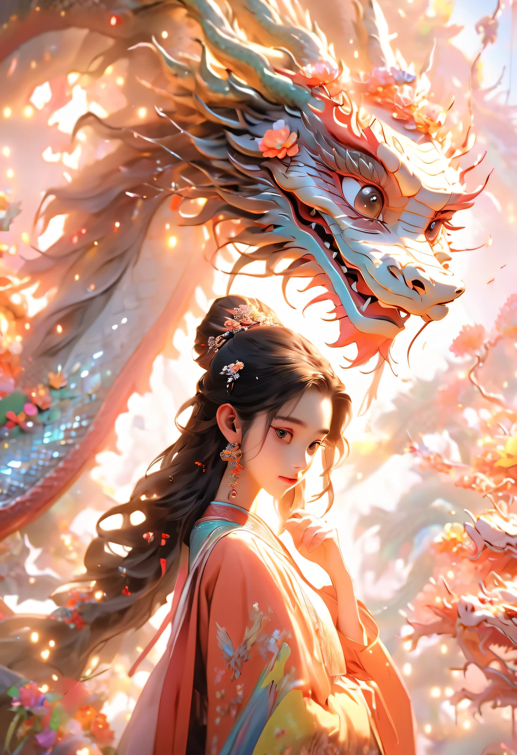 long shot,In front of rainbow Chinese dragon stands a Chinese girl,16 years old,She looks like Angelababy，flowers surround her,The scene is grand, Minimalism, Chinese dragon, c4d rendering, Surrealism, masterpiece, movie lighting, ultra high definition, fine details, color grade, 32k HD