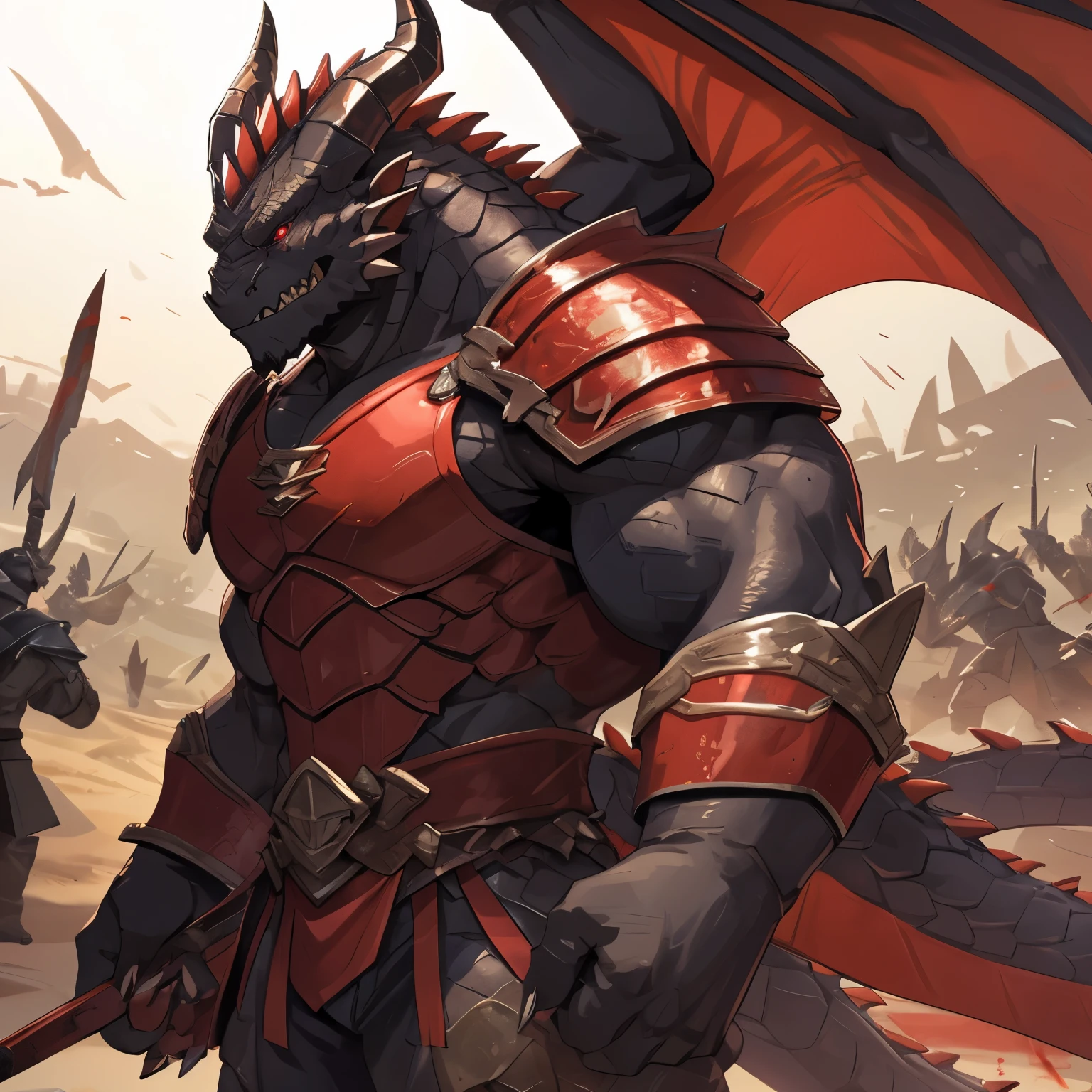龙兽人，男性，坚固的结构。黑色的皮肤上覆盖着一层坚硬的, 厚鳞片，背后有一对血红色的翅膀。长的, 锋利的牙齿、龙角和龙爪。站在战场上，身穿红色铠甲
