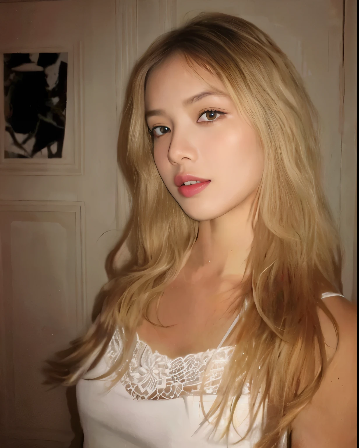 A close up of a woman with long blonde hair wearing a white top - SeaArt AI