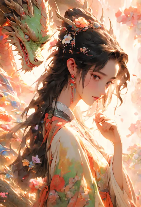 long shot,In front of rainbow Chinese dragon stands a Chinese girl,16 years old,She looks like Angelababy，flowers surround her,T...