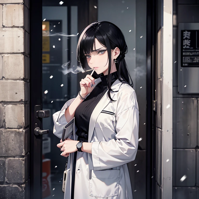 One woman with pale skin, black hair and silvery white eyes, white irises. She is smoking a cigarette, she has a tired expression. She has dark circles under her silver eyes. She looks sleepy and annoyed. She looks distrustful. She is wearing a hospital uniform, a hospital coat and she is standing outside of a hospital, leaning against a wall. She has a watch on her wrist. She has big silver earrings. Her nails are painted black. It is snowing heavily, it is winter. There are no people around her. She is frowning heavily. She is smoking a cigarette.