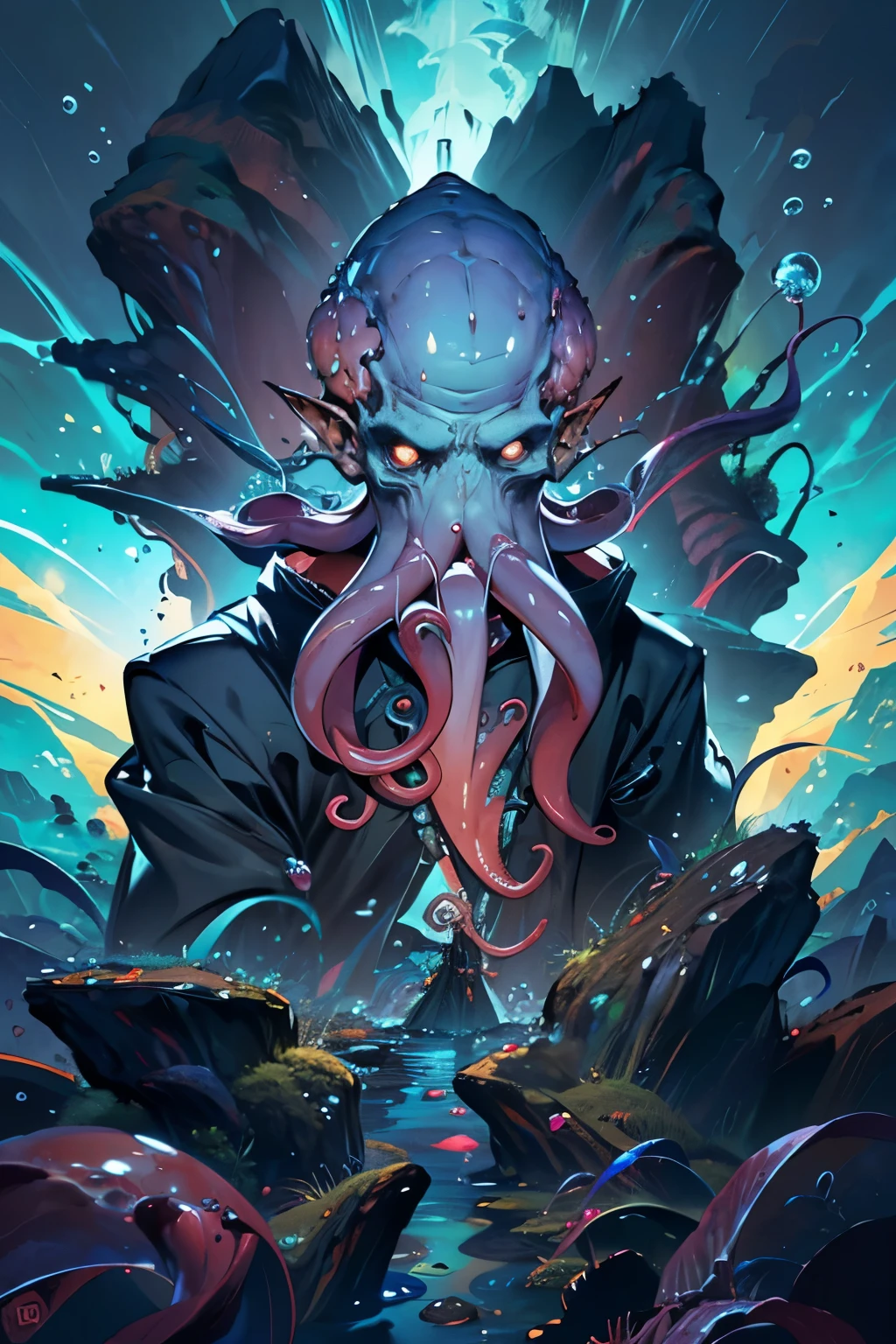 cthulhu,Monstre,(tentacules:1.35)，Un monde sous-marin pollué，Image sombre，(Contamination nucléaire:1.35)，（affronter:1.35）,（sarcome：1.35) art comme Davy Jones de Pirate des Caraïbes, immersion visuelle, cthullu.