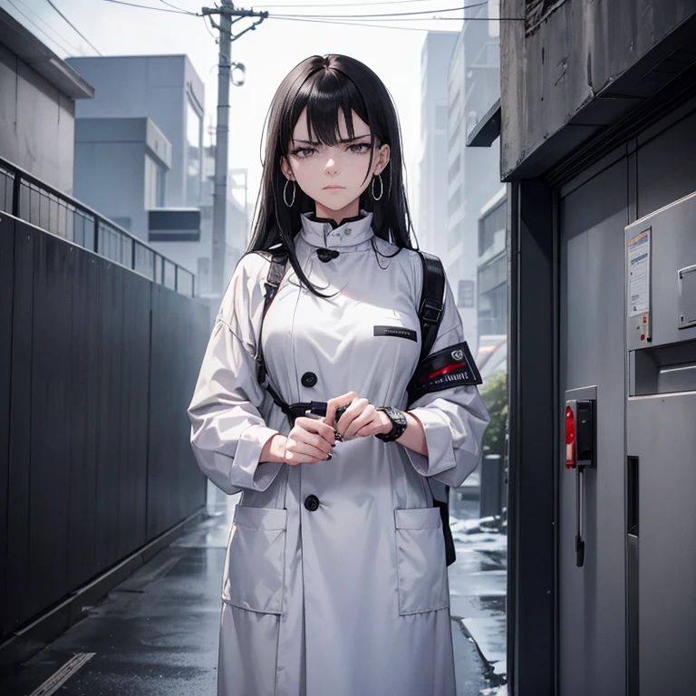 One woman with ink-black hair and steely silvery gray-white eyes. She is smoking a cigarette, she has a tired expression. She has dark circles under her silver eyes. She looks sleepy and annoyed. She looks distrustful and mean. She is wearing a hospital uniform, a hospital coat and she is standing outside of a hospital, leaning against a wall. She has a watch on her wrist. She has big silver earrings. Her nails are painted black. It is snowing heavily, it is winter. There are no people around her. She is frowning heavily.