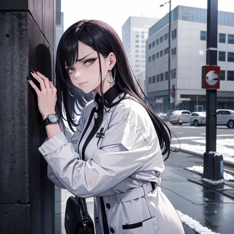 One woman with ink-black hair and steely silvery gray-white eyes. She is smoking a cigarette, she has a tired expression. She has dark circles under her silver eyes. She looks sleepy and annoyed. She looks distrustful and mean. She is wearing a hospital uniform, a hospital coat and she is standing outside of a hospital, leaning against a wall. She has a watch on her wrist. She has big silver earrings. Her nails are painted black. It is snowing heavily, it is winter. There are no people around her. She is frowning heavily.