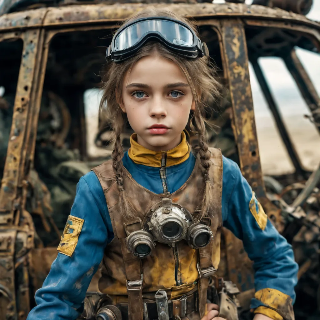 3 girls, 11 years old perfect likeness of dasha teran sdxl wearing blue and gold vaultgirl. goggles on one girl, clothing torn, ...