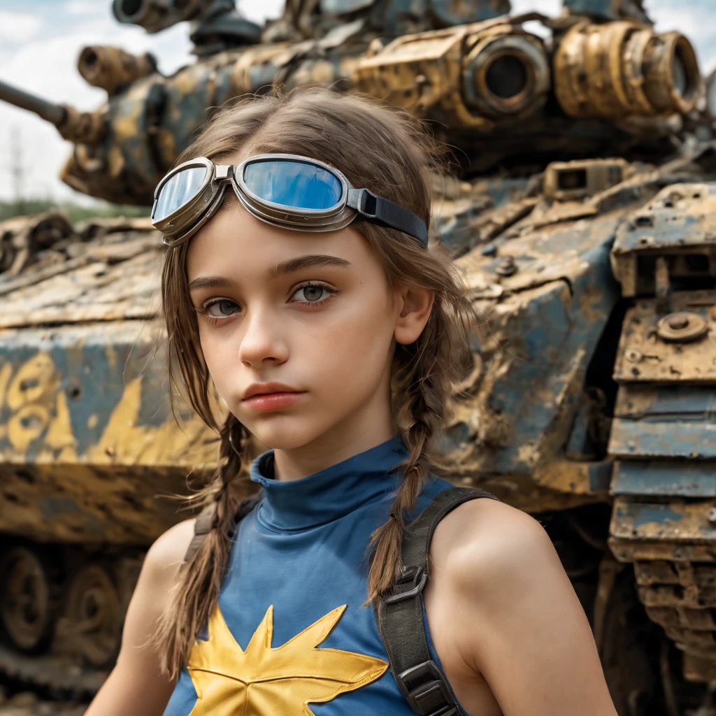 3 girls, 11 years old perfect likeness of Dasha Teran SDXL wearing blue and gold vaultgirl. Goggles on one girl, clothing torn, girls clothes and faces are dirty from battle. All girls petite and slim, small girls, short girls, fine detailed eyes, weapons slung over shoulders, leaning against a war vehicle, dented and rusty. , professionally color graded, professional photography, well drawn, masterpiece, hyper realistic, ultra detailed, high quality, best quality, 4k, 8k, hi resolution, very young girl, young face, cute, beautiful, ((NSFW、realistic)), 