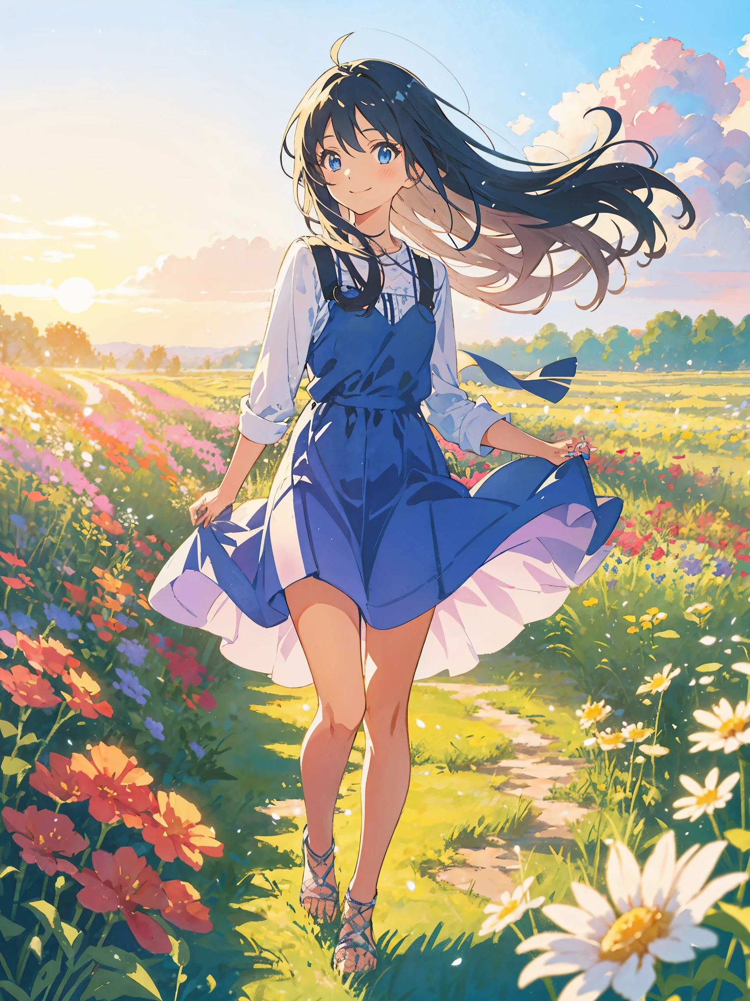 A dreamy girl in a short dress is looking up at the sky while walking through a field of wild flowers, with a breeze blowing during sunset, watercolor illustration, anime style of a teenage girl with sparkling blue eyes and a gentle smile Portrait,