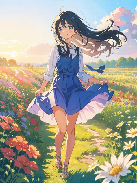 A dreamy girl in a short dress is looking up at the sky while walking through a field of wild flowers, with a breeze blowing dur...