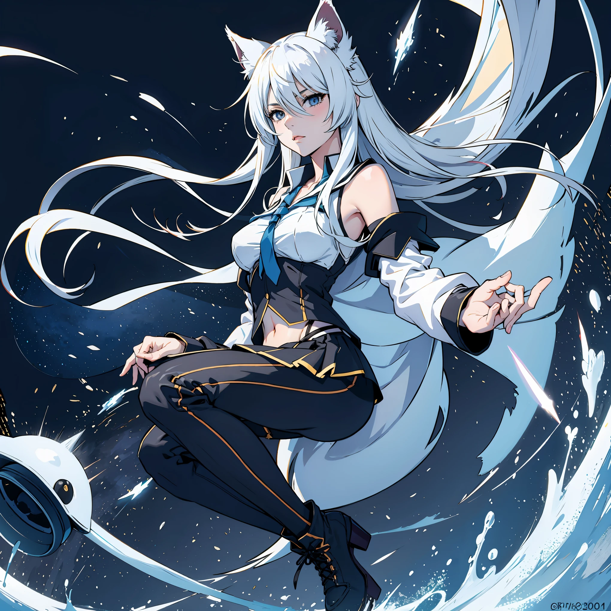 8k, resolution, high quality, high resolution, best quality, extremally detailed, best resolution, absurd resolution, ray tracing, high detailed, masterpiece, extremely detailed,shoulder length white hair, female,2 white wolf ears, teenage girl, slim body, white scale dragon tail,black boots,black leggings, navel blue school skirt, sailor shirt, white jacket, medium size chest, detailed blue eyes, detailed beautiful face,solo female,1 dragon tail, detailed eyes, tomboyish