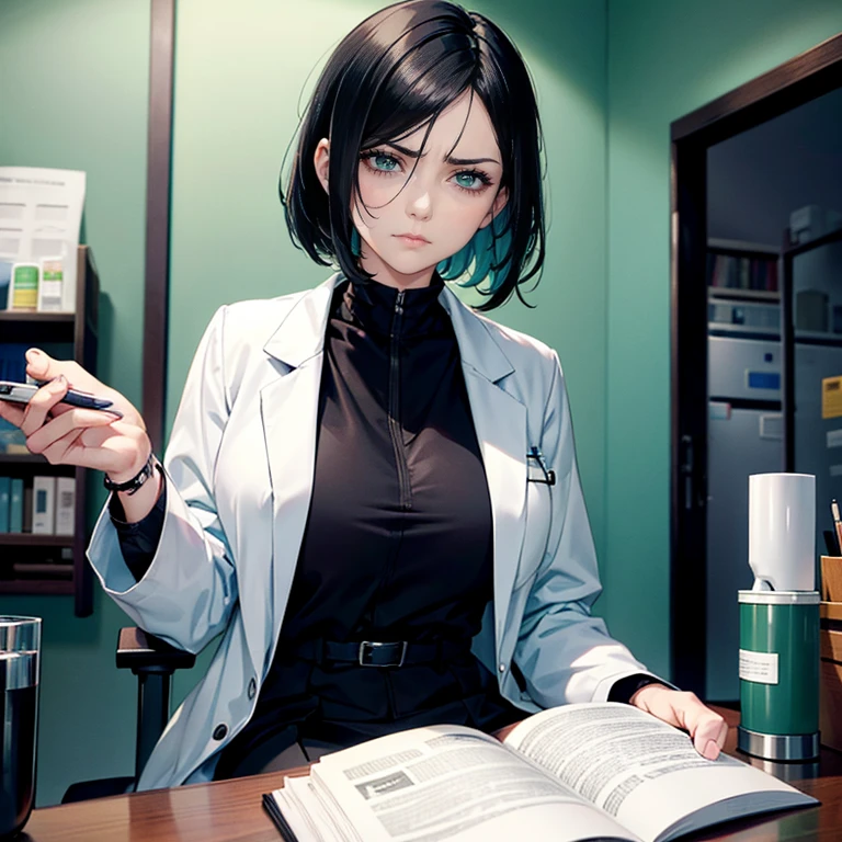 One woman with short ink-black hair and very green eyes. Her hair reach her chin. She is a doctor, she is wearing a lab coat, a hospital coat. She is sitting in a chair and reading a book. She is frowning heavily. She looks tired and sleep-deprived. Her lips are painted black.