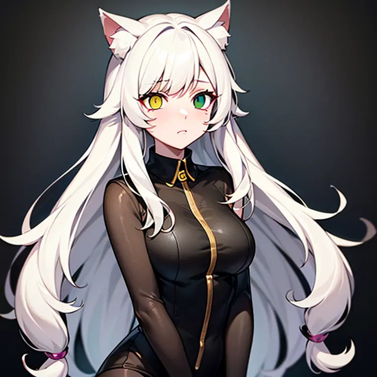 (1catgirl), catgirl cosplay outfit, heterochromatic, different eye colors, ((green right eye, yellow left eye)), (long eyelashes...