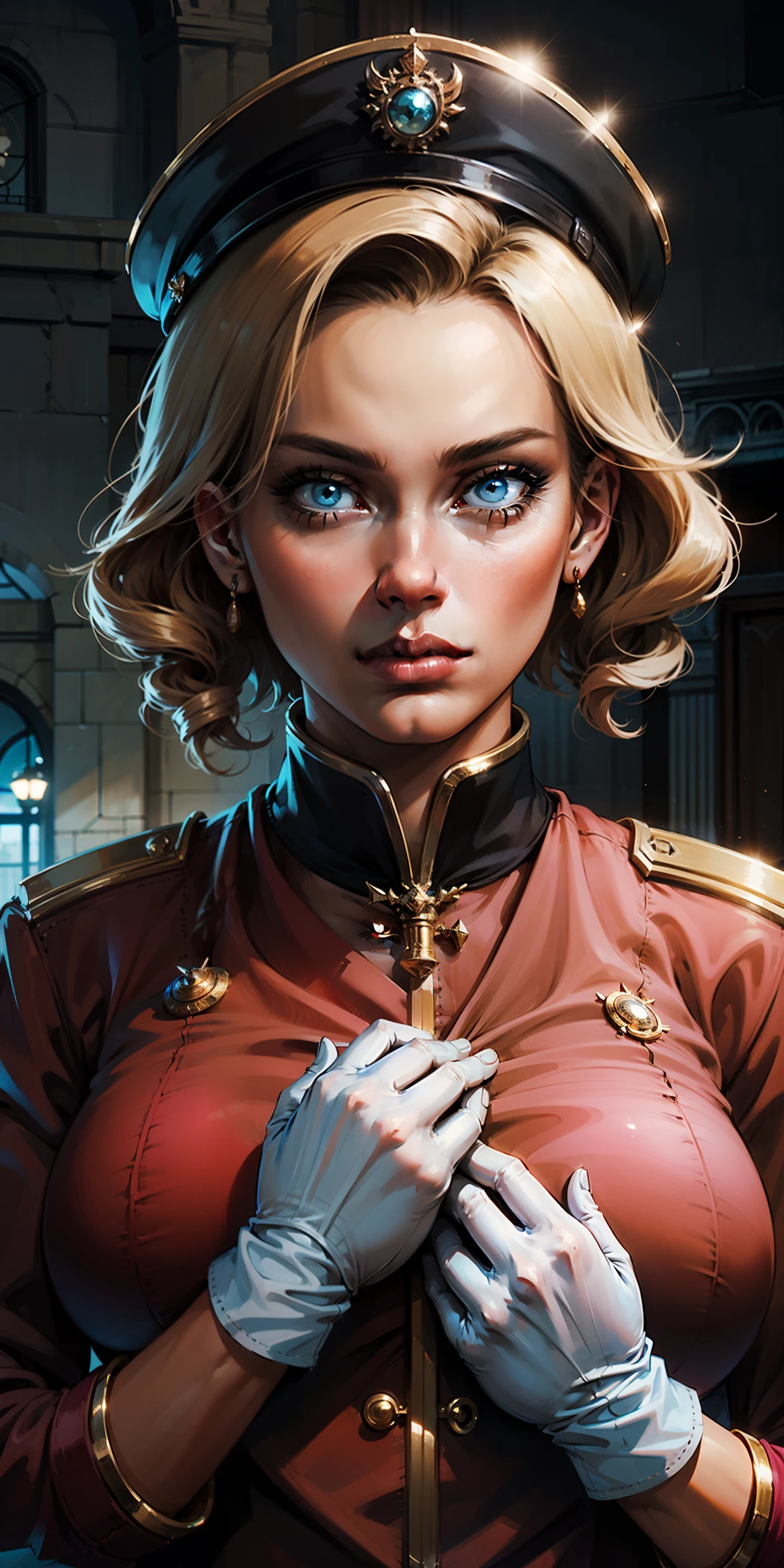 Best image quality, 4k, masterpiece, female, short hair, beautiful mature gentleness, light brown hair, light blue eyes, sharp eyes looking at the camera, face focus, delicate facial features, black uniform, white gloves hat, arms holding, artistic lighting, portraiture, face magnification, [elegant demeanor, dignified atmosphere and excellent posture that catches the eye + beautiful face + portrait painting effect]. pov hand, breast grab, big breast, female perfect face, full-body close-up, long twin drill hair, pink outfit, blonde, pettite female face, standing
