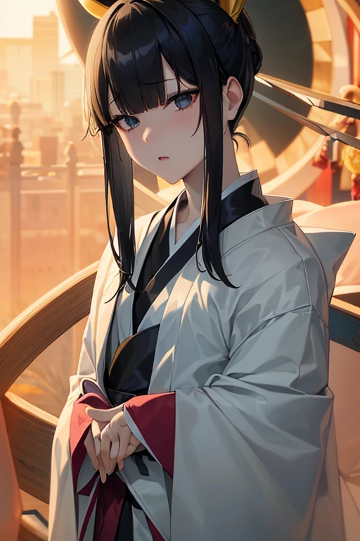 {{{{femboy、fake girl、flexible、thin、flat chest、Poor chest、sloped shoulder}}}}、{{thinウエスト}}、{{black hair、blunt bangs、half updo、short hair、White and black kimono、clear face、expressionless、close mouth}}