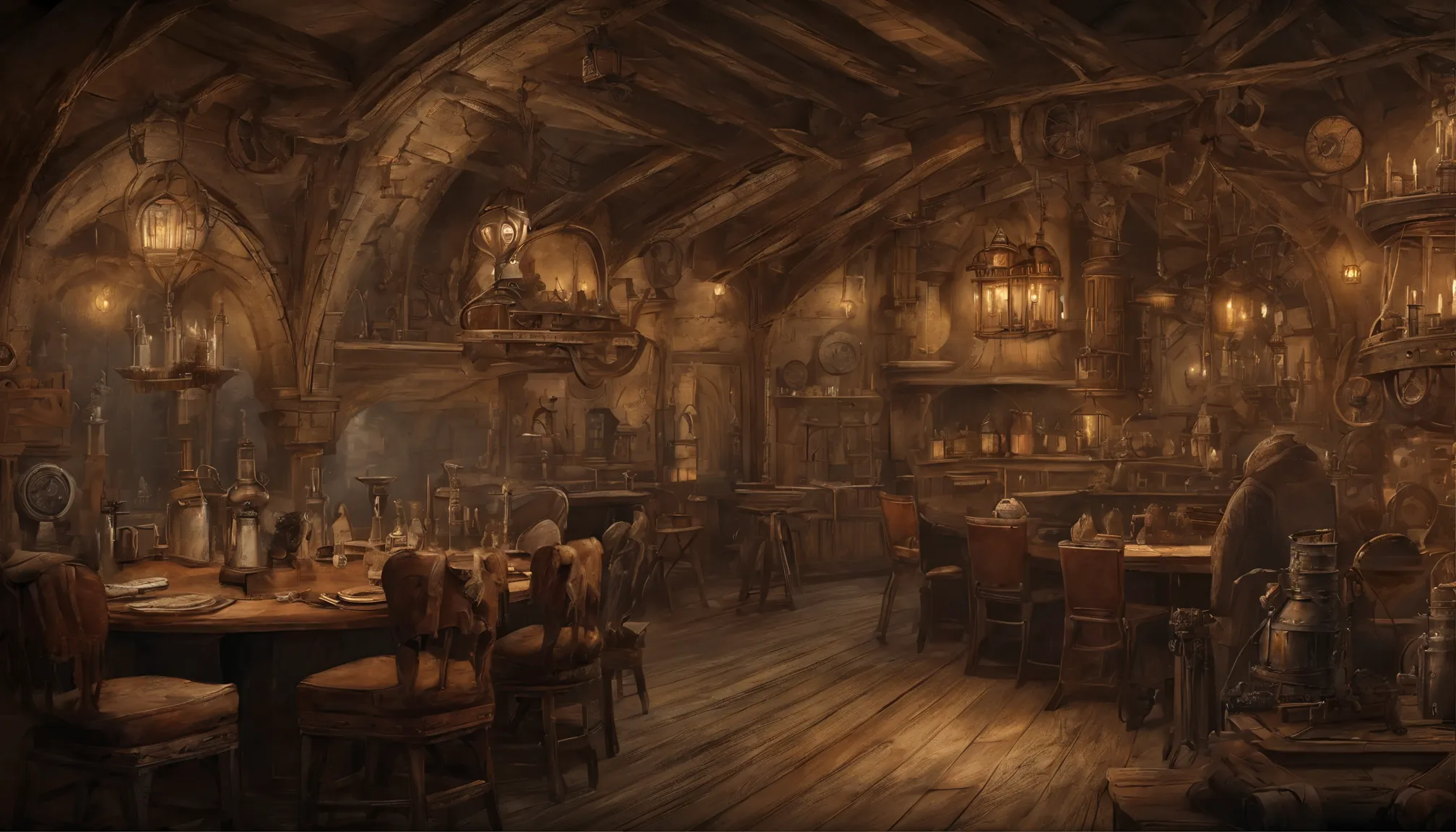 high fantasy, A crowded inn with a restaurant, Medieval background