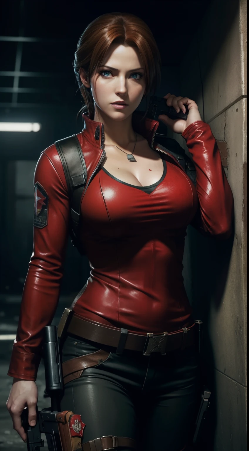 A woman in a red leather outfit holding a gun - SeaArt AI