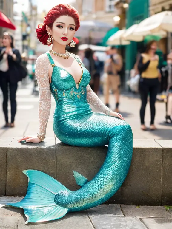the mermaid was seen by a crowd of citizens, mermaid on the sidewalk, sit on sidewalk, mermaid tail, scales, full body, looking ...