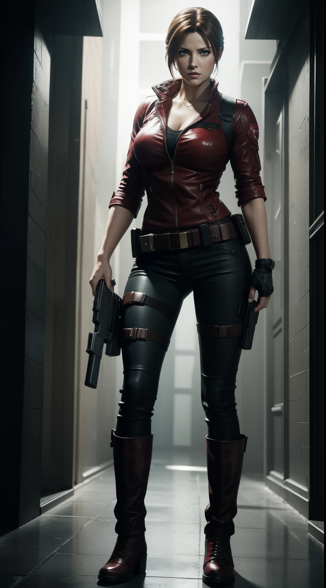 A woman in a red leather outfit holding a gun - SeaArt AI