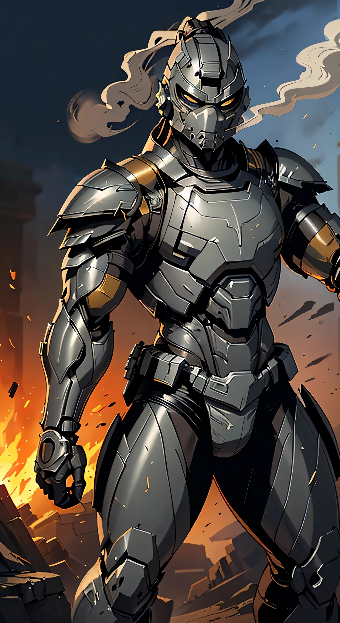 zxcrx, cyborg ninja wearing sleek, (grey and black armour:1.5) that incorporates various mechanical components, his face is covered by a helmet with a (black visor:1.3), arm-mounted blades, energy-based weaponry, ((smoke on background:1.4)), intricate, high detail, sharp focus, dramatic, photorealistic painting art by greg rutkowski