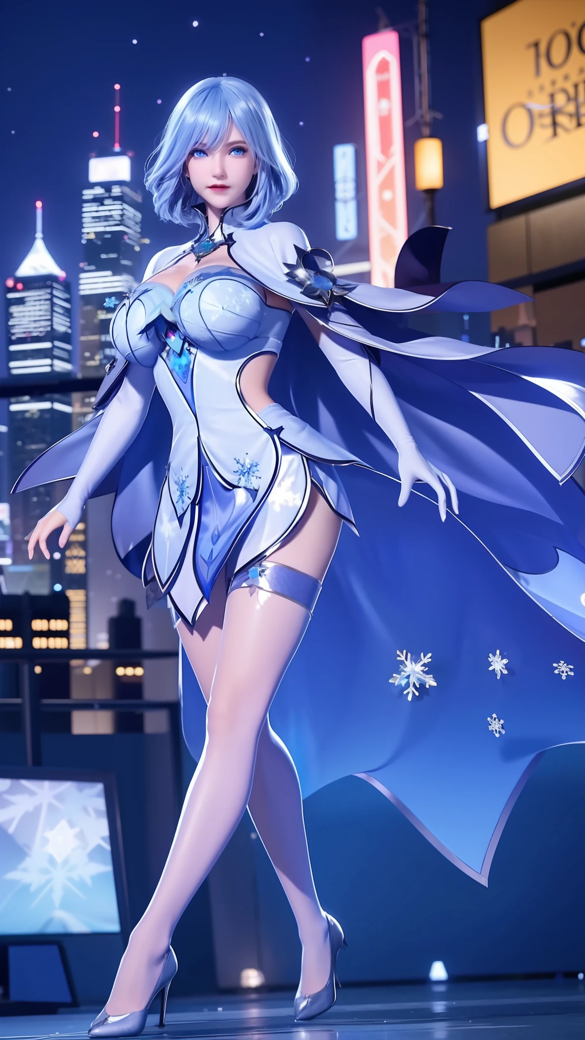 1 girl,adult, cityscape, night,looking at the audience, blue eyes,short skirt,Medium to long white hair, blue hair,cape, white pantyhose,snowflake, floral, jewelry, gem,shining, thigh strap,huge 、huge breasts，4K screen，Dancing，exposing her chest、Show breasts，