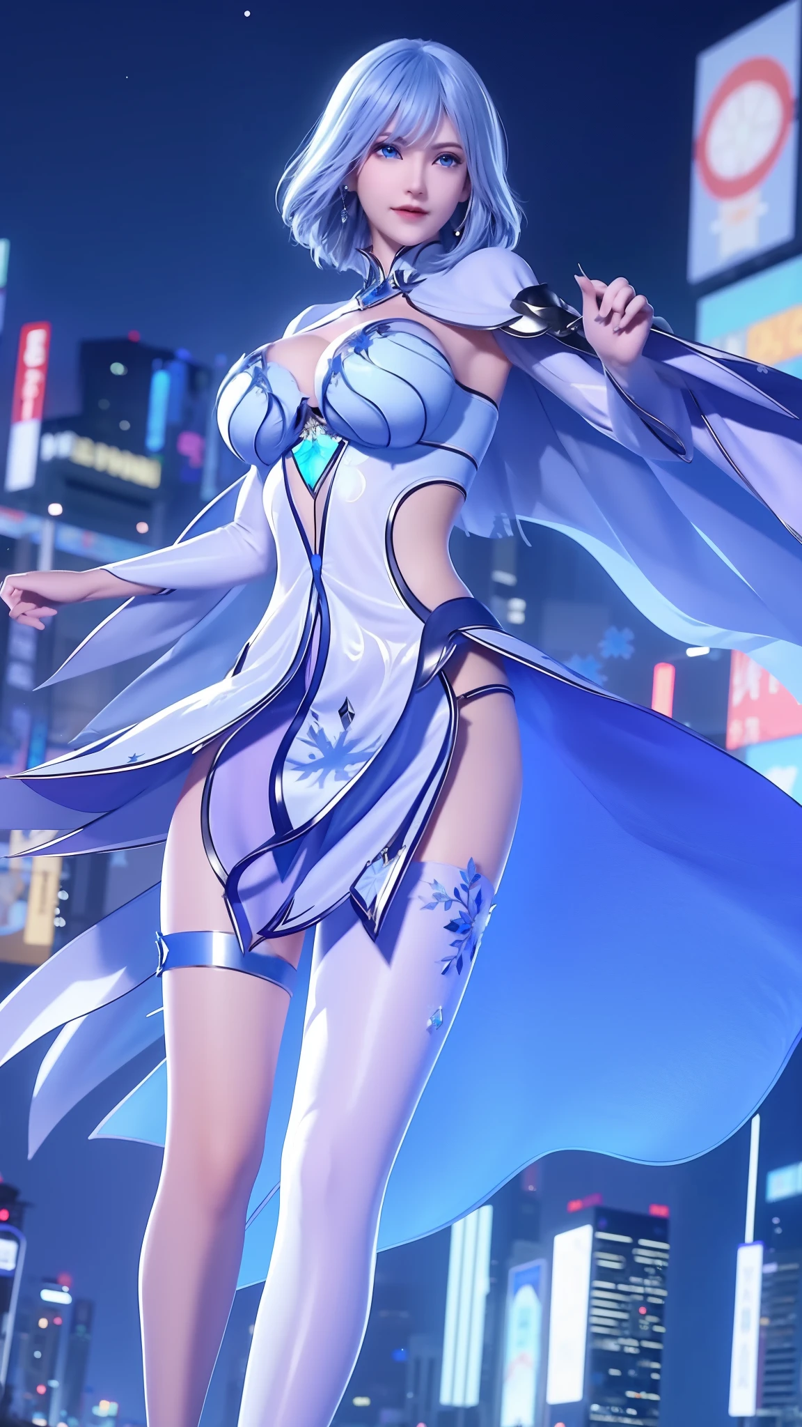 1 girl,adult, cityscape, night,looking at the audience, blue eyes,short skirt,Medium to long white hair, blue hair,cape, white pantyhose,snowflake, floral, jewelry, gem,shining, thigh strap,huge 、huge breasts，4K screen，Dancing，exposing her chest、Show breasts，暴exposing her chest，暴Show breasts，