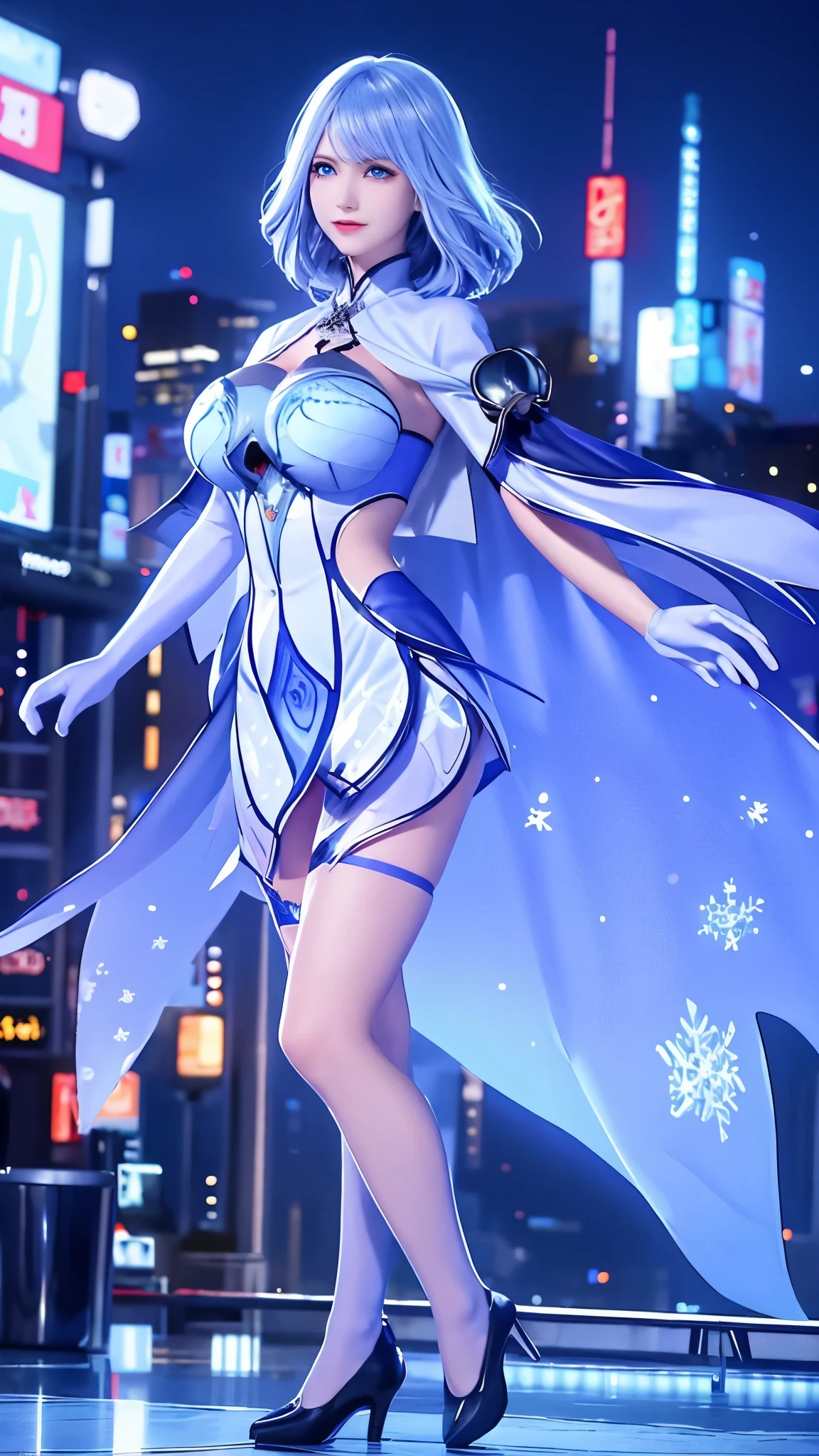 1 girl,adult, cityscape, night,looking at the audience, blue eyes,short skirt,Medium to long white hair, blue hair,cape, white pantyhose,snowflake, floral, jewelry, gem,shining, thigh strap,huge 、huge breasts，4K screen，Dancing，exposing her chest、Show breasts，暴exposing her chest，暴Show breasts，