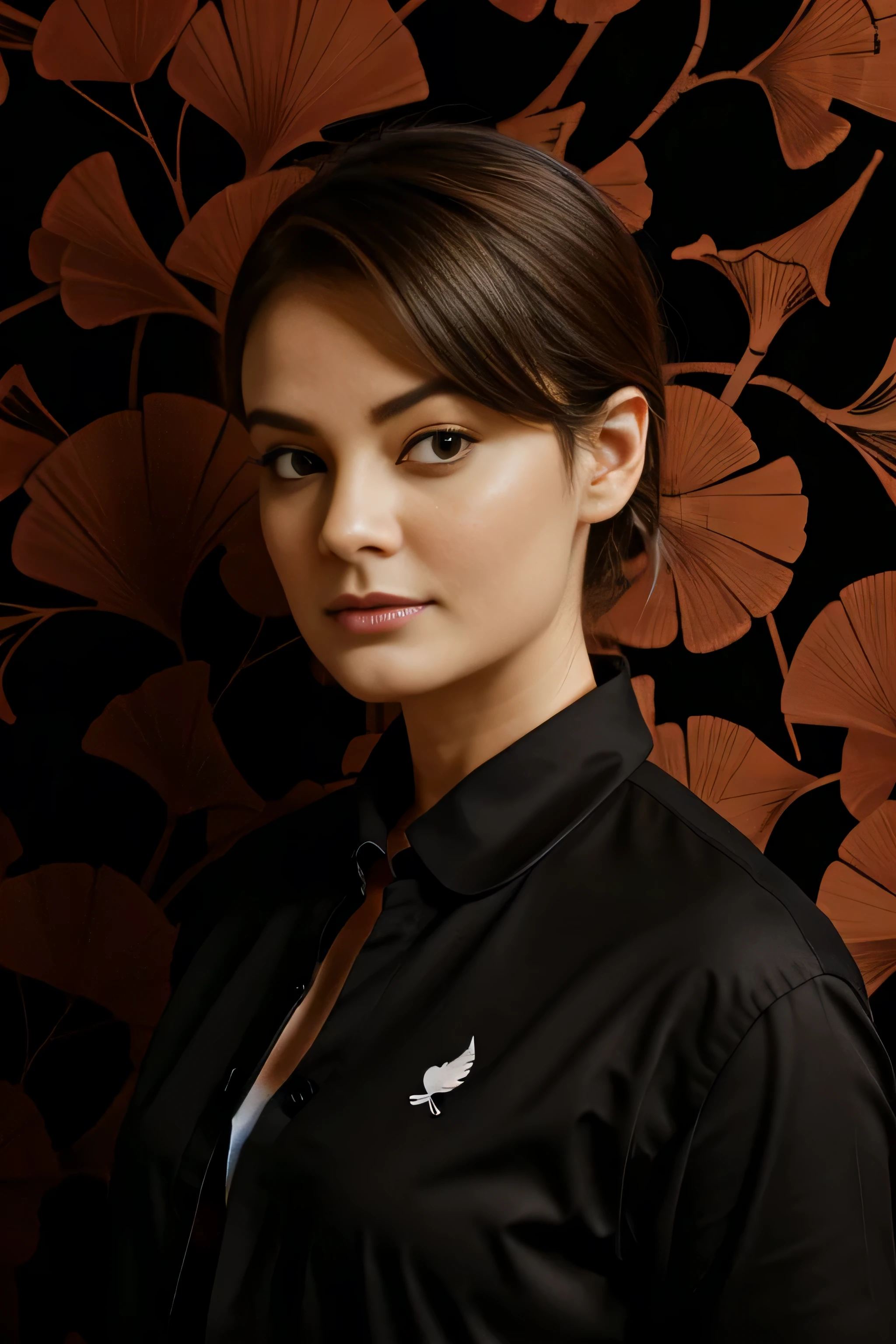 Red Ginkgo leafed wallpaper with black outlines.