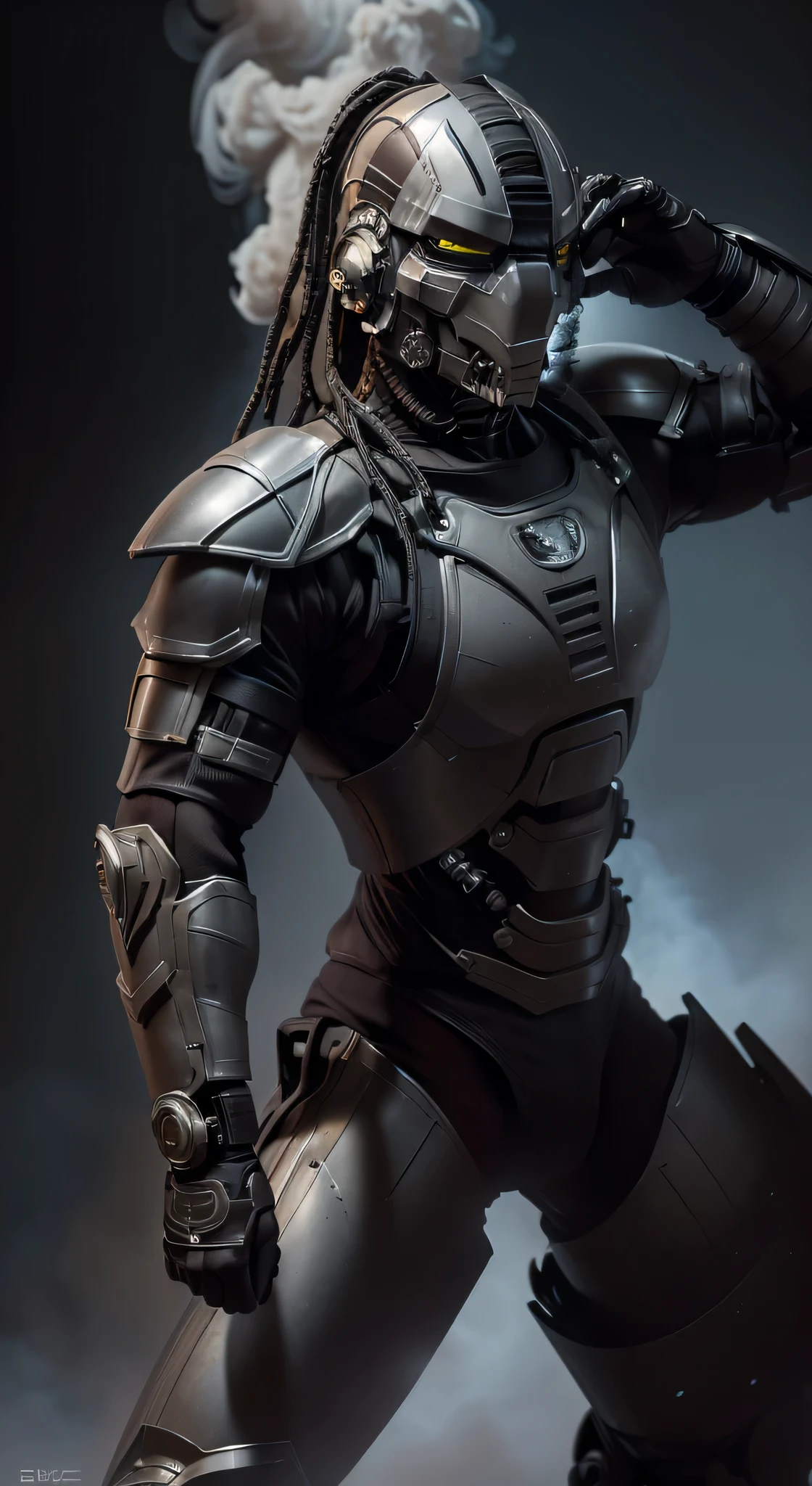 zxcrx, cyborg ninja wearing sleek, (grey and black armour:1.5) that incorporates various mechanical components, his face is covered by a helmet with a (black visor:1.3), arm-mounted blades, energy-based weaponry, ((smoke on background:1.4)), intricate, high detail, sharp focus, dramatic, photorealistic painting art by greg rutkowski