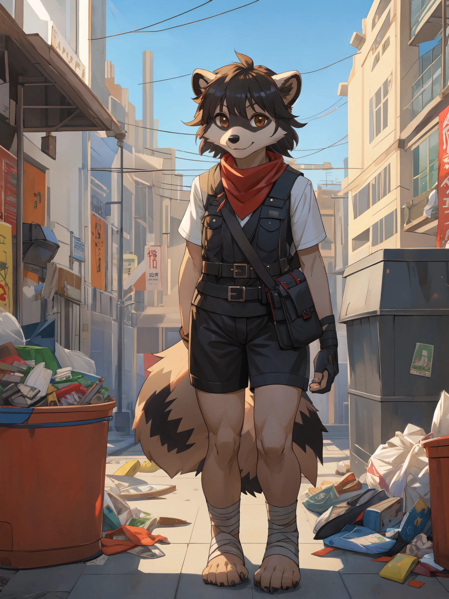 By gudlmok99, by hioshiru,  solo, ((snout, ears)), female raccoon girl, short black messy hair, brown eyes, raccoon tail, cute snout, black nose, black sleeveless leather vest, red bandana around neck, black fingerless gloves, dirty fur, black leather shorts,  barefoot, beautiful feet, feet wrapped in bandages, foot wraps, wearing a messenger bag, standing on a large trash can, looking cute, in a large industrial city