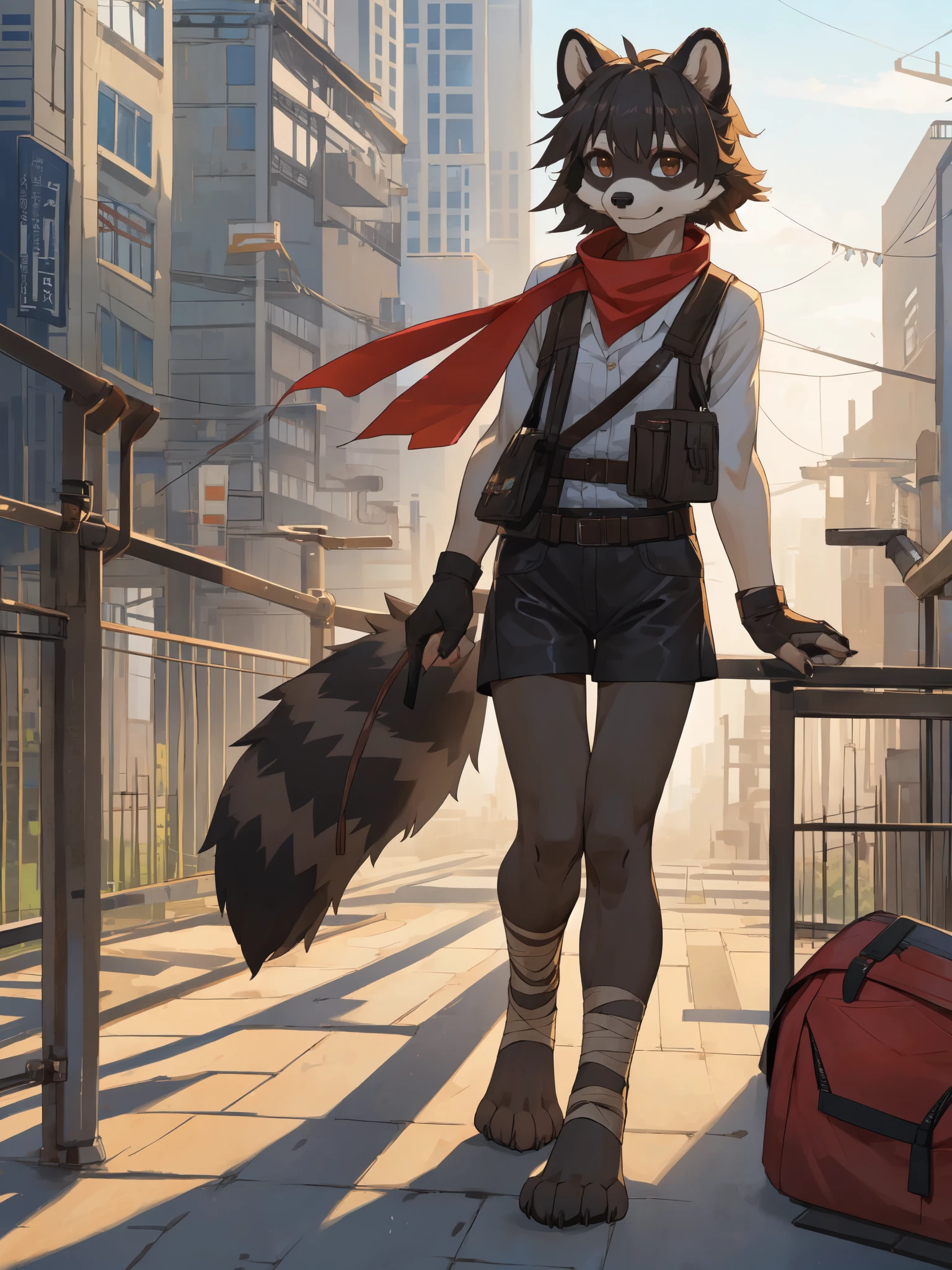 By gudlmok99, by hioshiru,  solo, ((snout, ears)), female raccoon girl, short black messy hair, brown eyes, raccoon tail, cute snout, black nose, tall slender body, black sleeveless leather vest, red bandana around neck, black fingerless gloves, dirty fur, black leather shorts,  barefoot, beautiful feet, feet wrapped in bandages, foot wraps, feet paws, 4 toes, black claws, wearing a messenger bag, standing on the edge of a high rooftop, looking cute, in a large industrial city